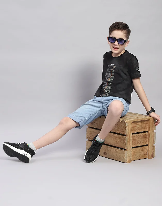 Boys Black Printed Round Neck Half Sleeve T-Shirt