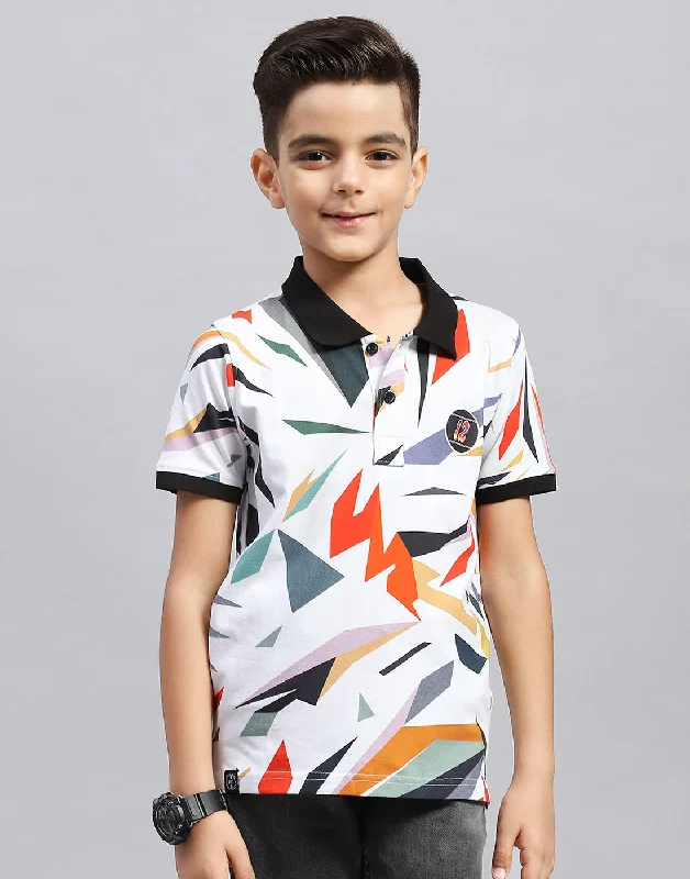 Boys Black & White Printed Polo Collar Half Sleeve T-Shirt