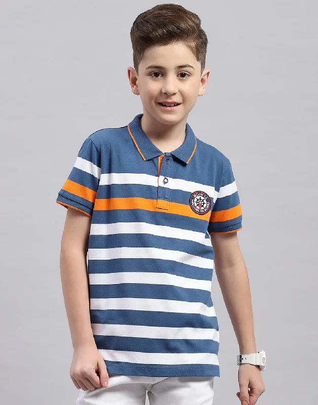 Boys Blue Stripe Polo Collar Half Sleeve T-Shirt