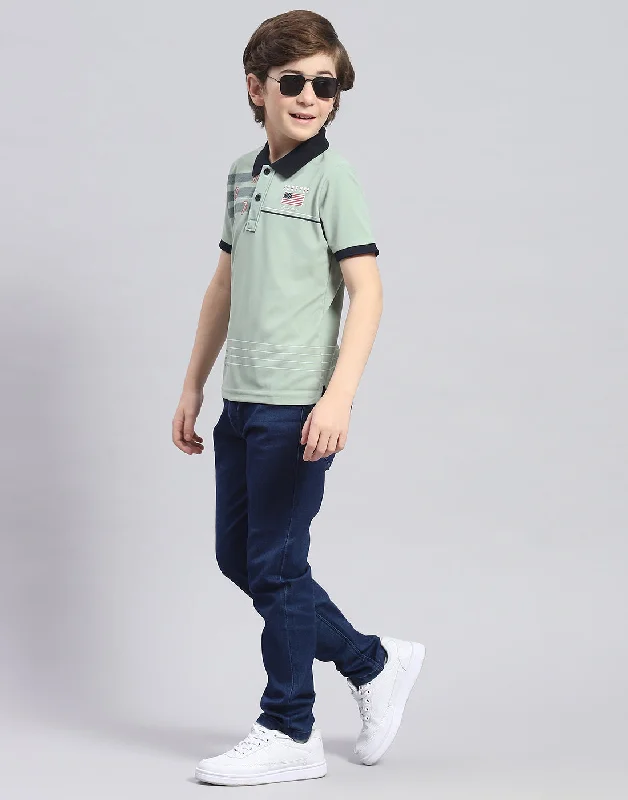 Boys Green Printed Polo Collar Half Sleeve T-Shirt