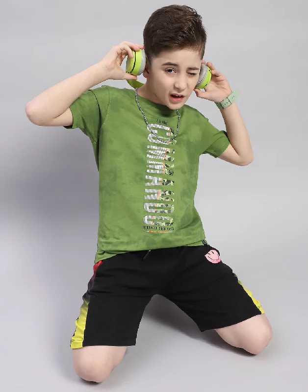 Boys Green Printed Round Neck Half Sleeve T-Shirt