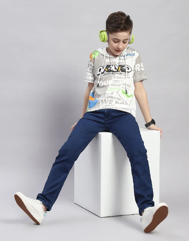 Boys Grey Printed Hooded Half Sleeve T-Shirt