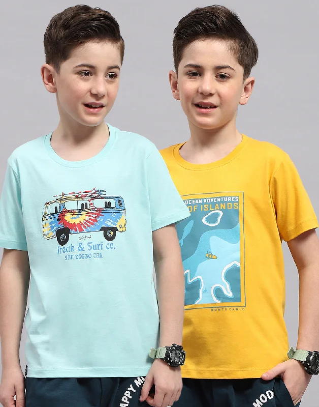 Boys Mustar & Aqua Blue Printed Round Neck Half Sleeve T-Shirt (Pack of 2)