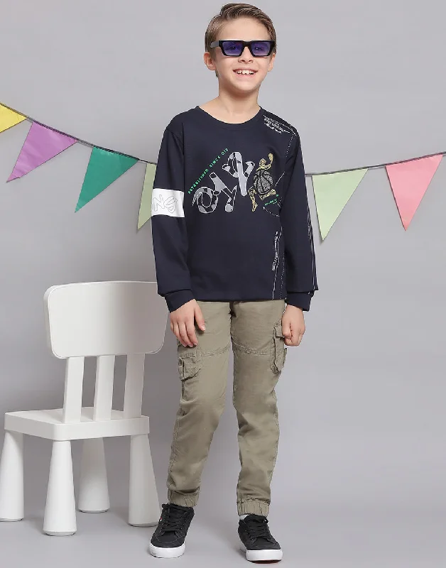 Boys Navy Blue Printed Round Neck Full Sleeve T-Shirts