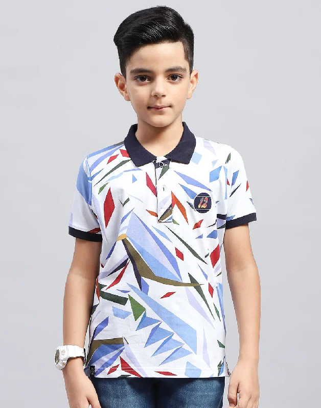 Boys Navy Blue & White Printed Polo Collar Half Sleeve T-Shirt