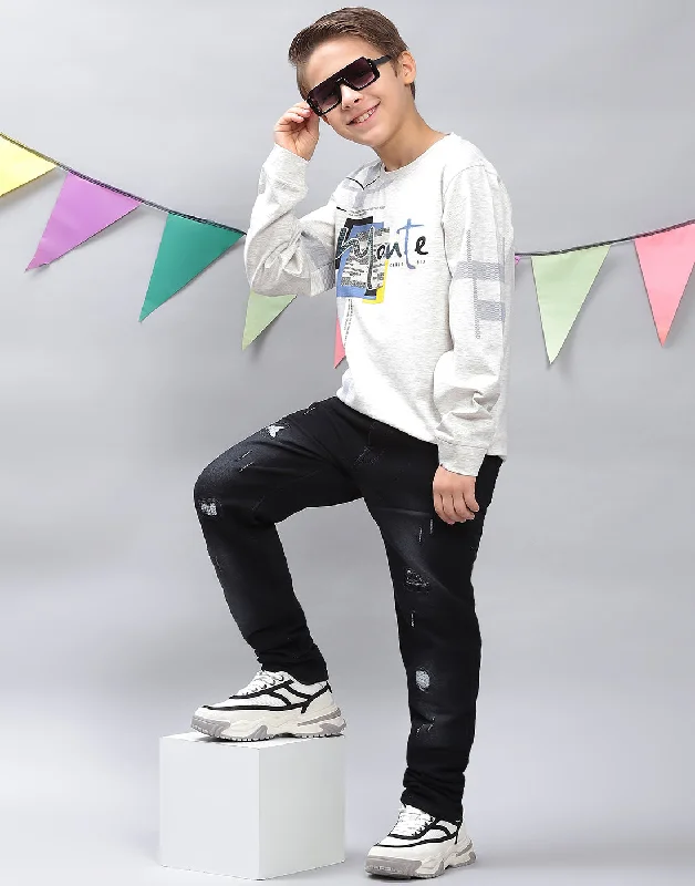 Boys Off White Printed Round Neck Full Sleeve T-Shirts