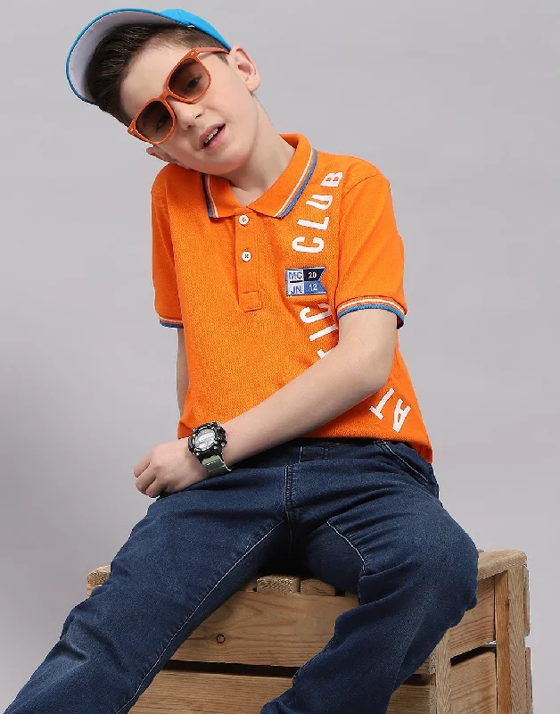 Boys Orange Printed Polo Collar Half Sleeve T-Shirt