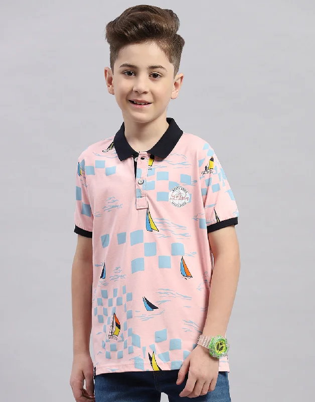 Boys Pink Printed Polo Collar Half Sleeve T-Shirt