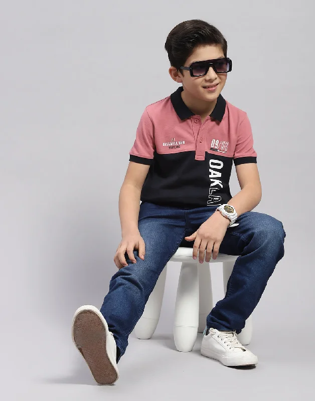 Boys Pink Printed Polo Collar Half Sleeve T-Shirt