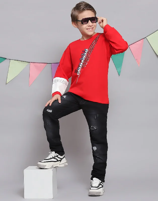 Boys Red Printed Round Neck Full Sleeve T-Shirts