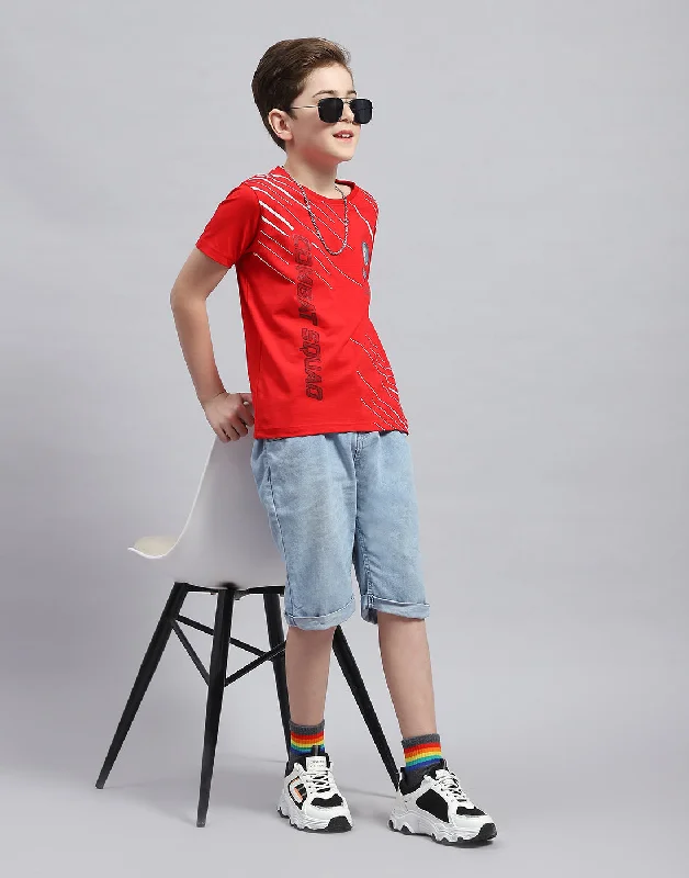 Boys Red Printed Round Neck Half Sleeve T-Shirt