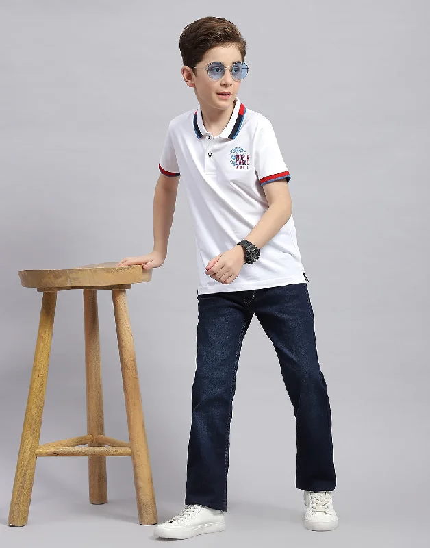 Boys White Printed Polo Collar Half Sleeve T-Shirt