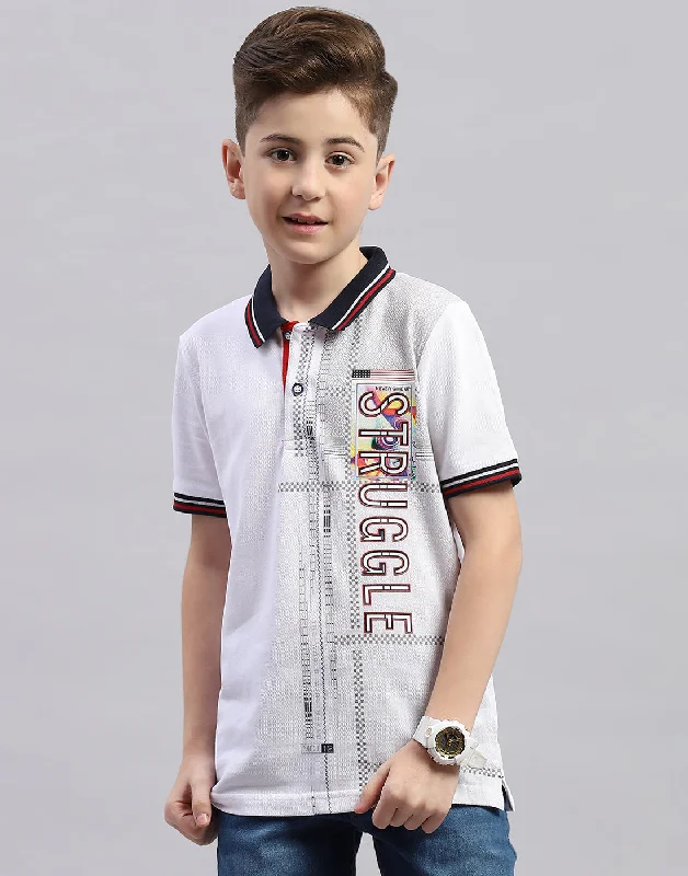 Boys White Printed Polo Collar Half Sleeve T-Shirt