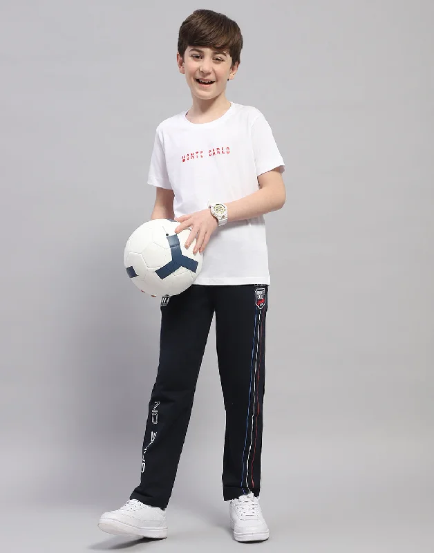 Boys White Printed Round Neck Half Sleeve T-Shirt