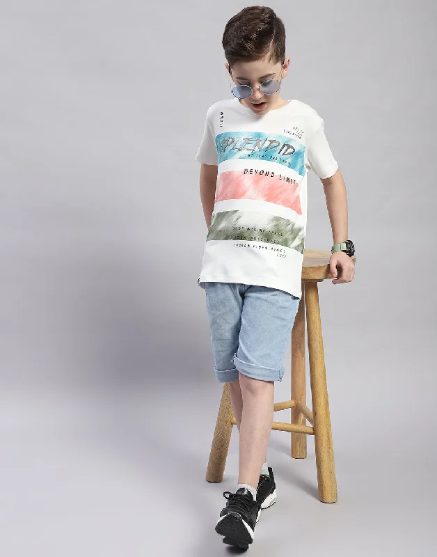 Boys White Printed Round Neck Half Sleeve T-Shirt