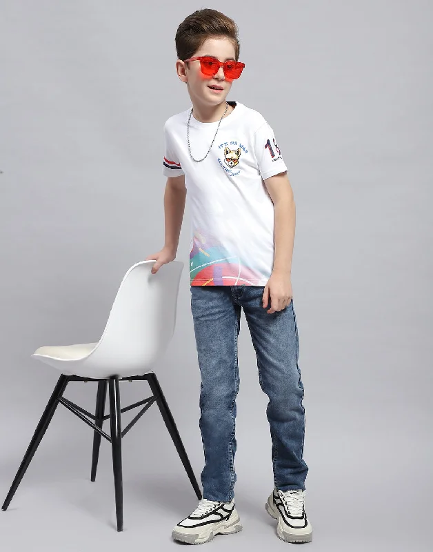 Boys White Printed Round Neck Half Sleeve T-Shirt