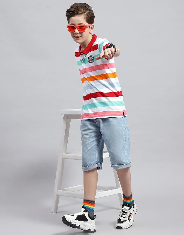 Boys White & Red Stripe Polo Collar Half Sleeve T-Shirt