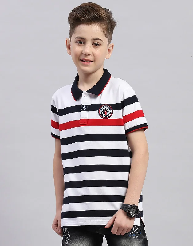 Boys White Stripe Polo Collar Half Sleeve T-Shirt