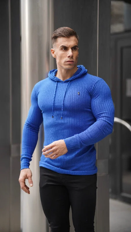 Father Sons Classic Royal Blue Ribbed Knit Hoodie Jumper With Black Emblem - FSH597