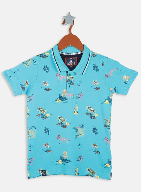 Boys Aqua Blue Printed T-Shirt