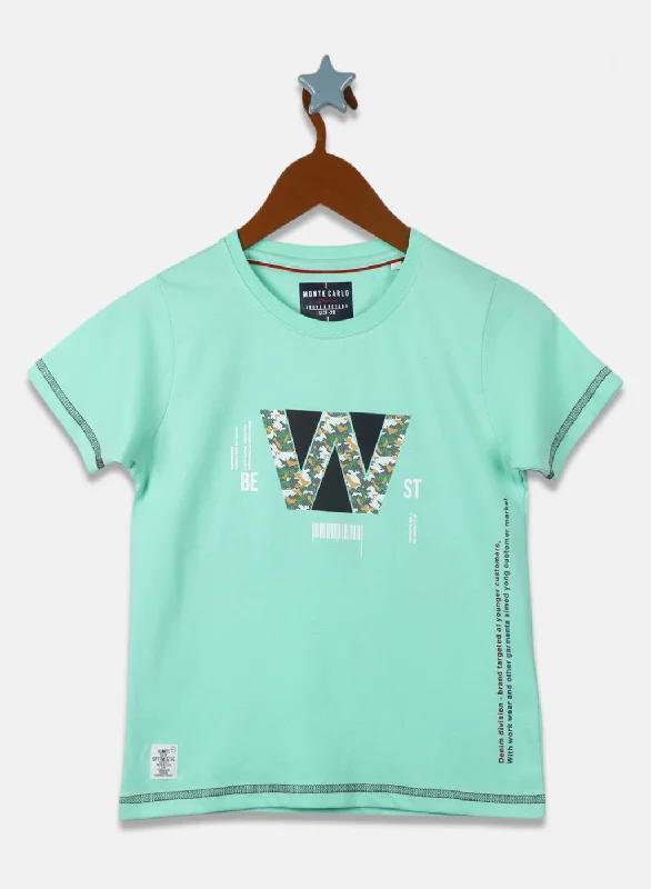 Boys Sea Green Printed T-Shirt