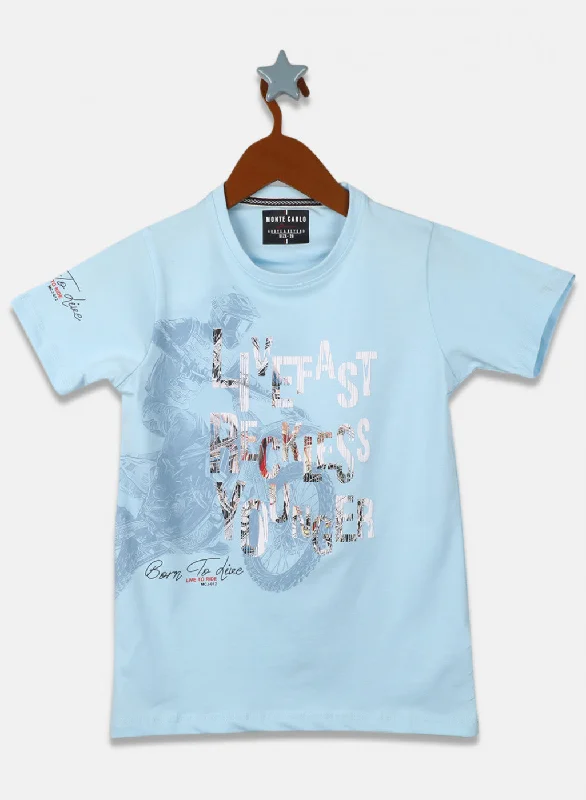 Boys Sky Blue Printed T-Shirt