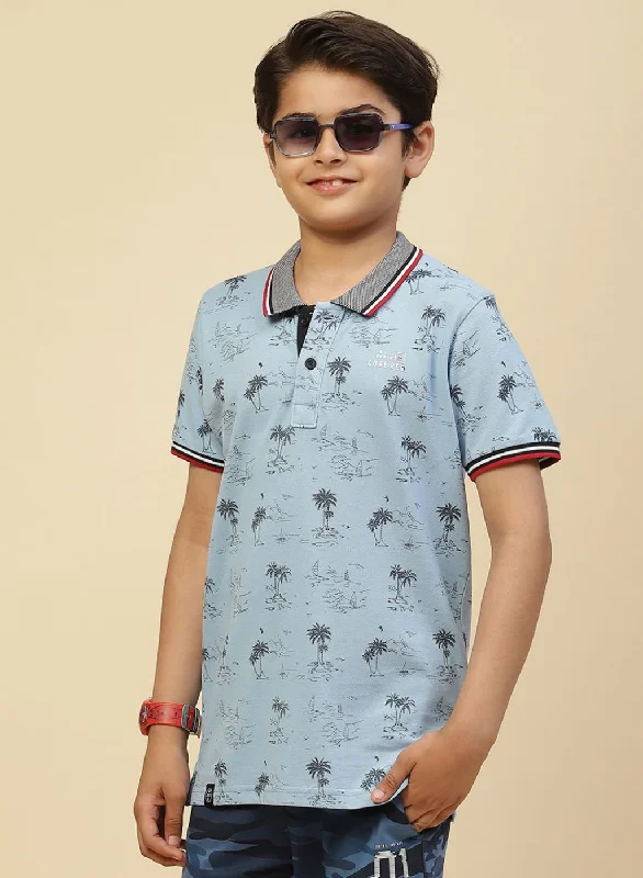 Boys Sky Blue Printed T-Shirt