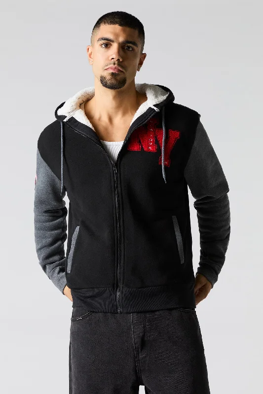 Chenille Embroidered Faux Fur Lined Zip-Up Hoodie