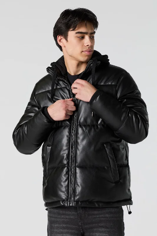 Faux Leather Hooded Puffer Jacket