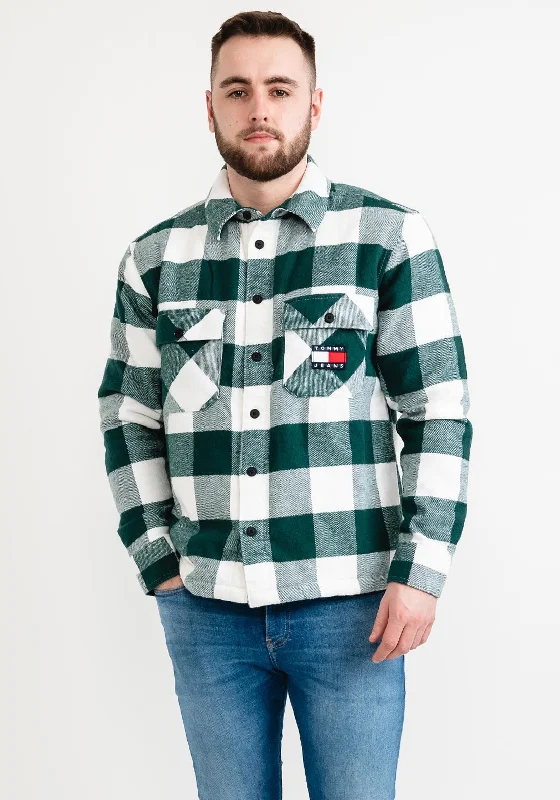 Tommy Jeans Sherpa Flannel Overshirt, Green & White